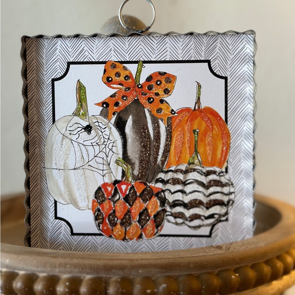Halloween Harlequin, Spider, and Stripe Pumpkin Mini Print with Galvanized Frame